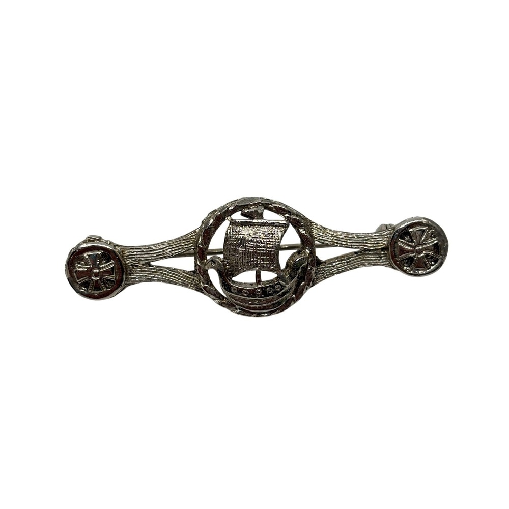 Vintage Viking Longship Celtic Cross Silver Tone Bar Brooch Pin
